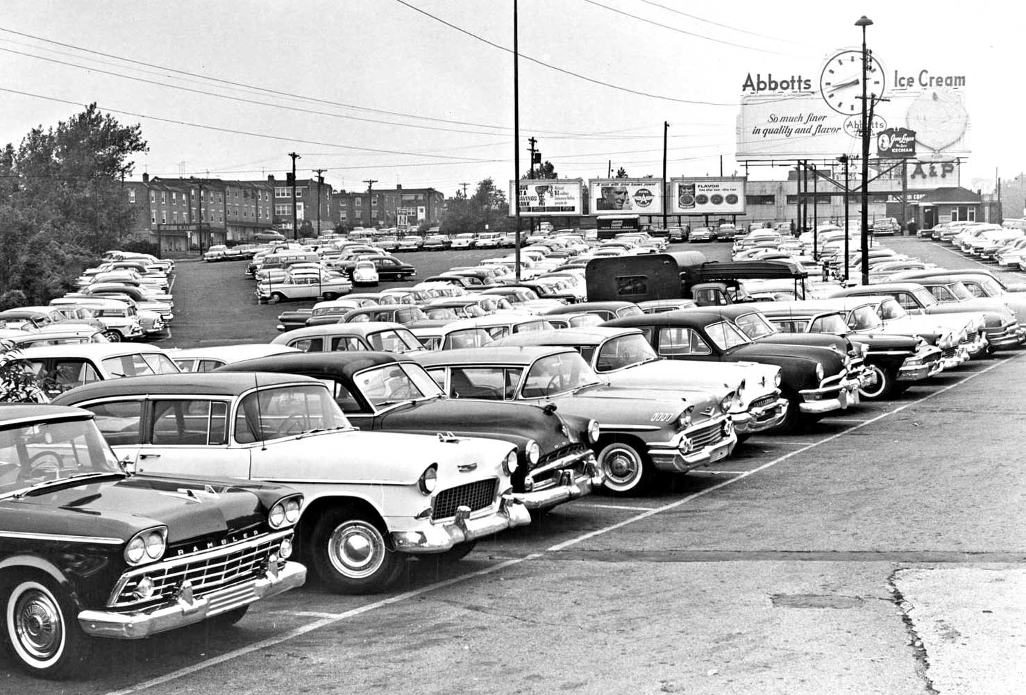 AP Super market parking lot circa 1960 1950s and 1960s automobiles